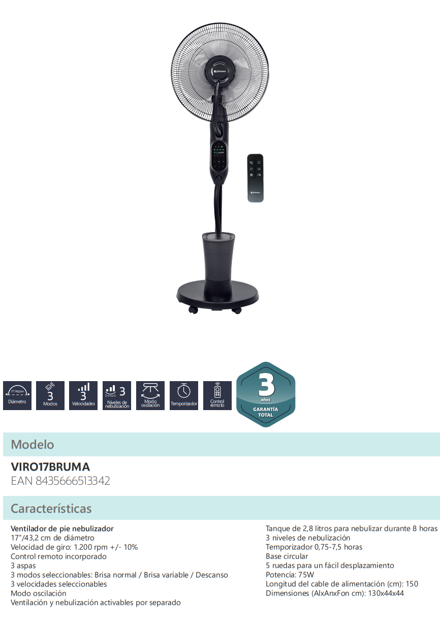 Especificaciones del Ventilador Nebulizadorde Pie JOHNSON VIRO17BRUMA